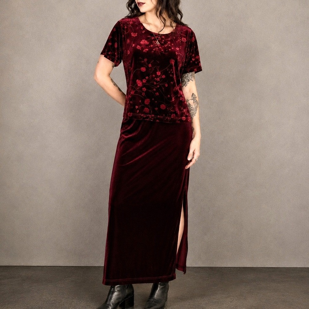 VTG 90s Floral Burnout Velvet Dress Maxi Burgundy Whimsigoth Witchy 12